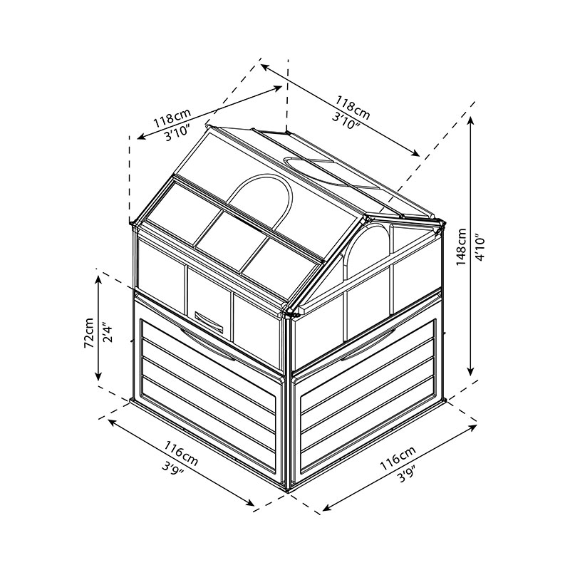 4' x 4' Palram Canopia Plant Inn Raised Bed Small Mini Greenhouse (1.18m x 1.18m) Technical Drawing