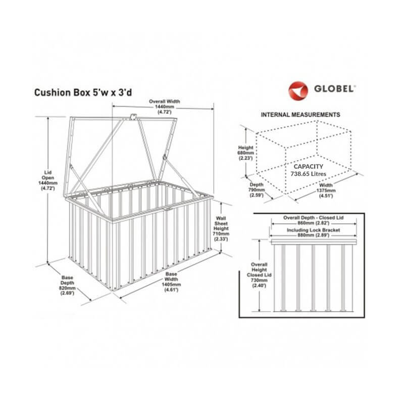 5'x3' (1.5x0.9m) Globel Anthracite Grey Cushion Storage Box Technical Drawing