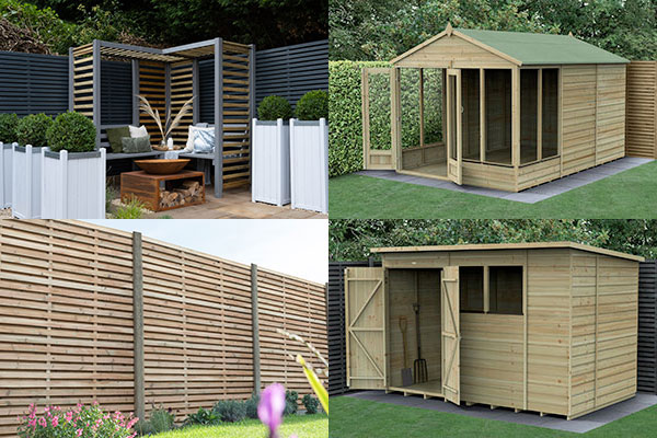 wooden garden products including an arbour, summerhouse, shed and fence panels