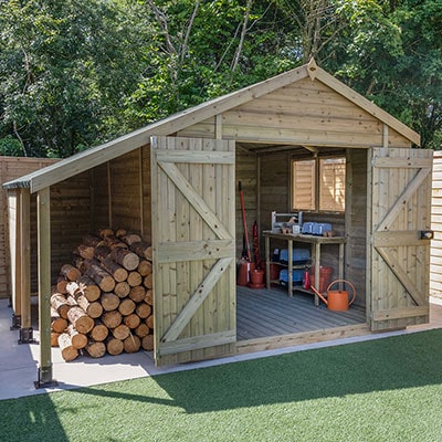 a 10x8 wooden garden shed with double doors and logstore