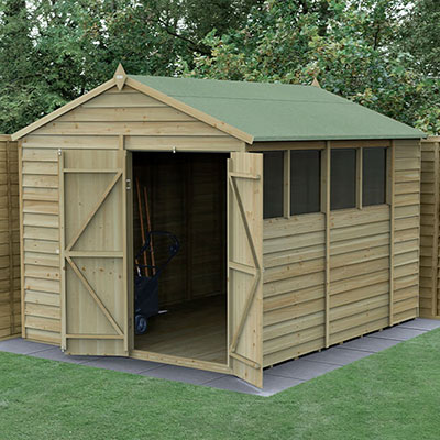 a wooden garden shed with 4 windows and open double doors