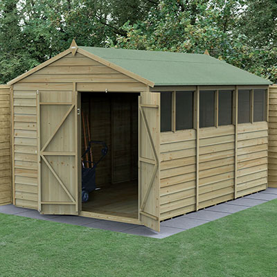 a 12x8 wooden shed with double doors and 6 windows