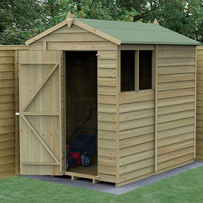 a 7x5 wooden shed with apex roof, open single door and 2 fixed windows