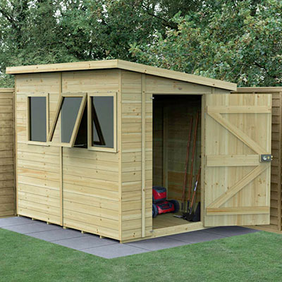 an 8x6 tongue and groove shed with pent roof, open door and 3 opening windows