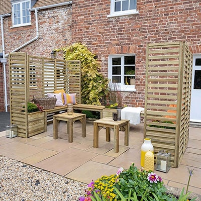 a modular wooden garden seating set including 3 planters, 12 trellis panels, 4 benches, and 4 garden seats