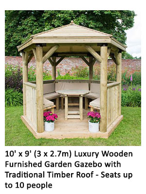 luxurious wooden gazebo with timber roof, flower pots either side the entrance, seats covered with brown cushions